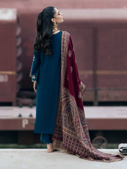 3PC DHANAK EMBROIDERED SHIRT WITH  PRINTED SHAWL & TROUSER SFf016