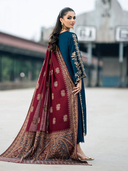 3PC DHANAK EMBROIDERED SHIRT WITH  PRINTED SHAWL & TROUSER SFf016