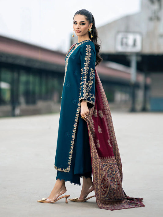 3PC DHANAK EMBROIDERED SHIRT WITH  PRINTED SHAWL & TROUSER SFf016