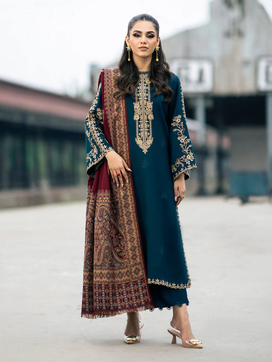 3PC DHANAK EMBROIDERED SHIRT WITH  PRINTED SHAWL & TROUSER SFf016
