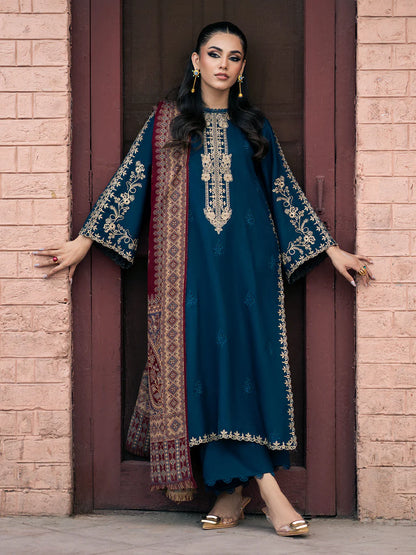 3PC DHANAK EMBROIDERED SHIRT WITH  PRINTED SHAWL & TROUSER SFf016