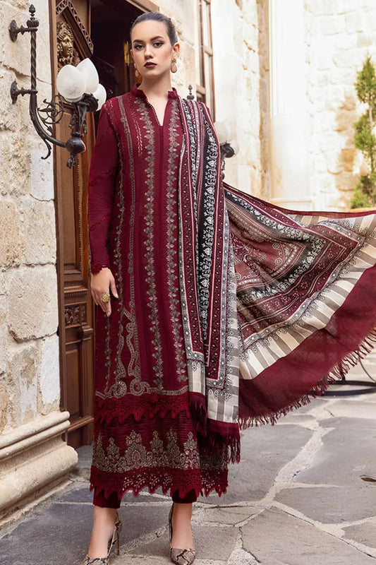 MARIA B - 3PC DHANAK EMBROIDERED SHIRT WITH WOOL PRINT SHAWL AND DHANAK TROUSER SF09