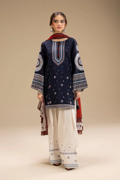 JAZMIN-3PC DHANAK EMBROIDERED SHIRT WITH  WOOL PRINTED SHAWL AND EMB TROUSER SF011